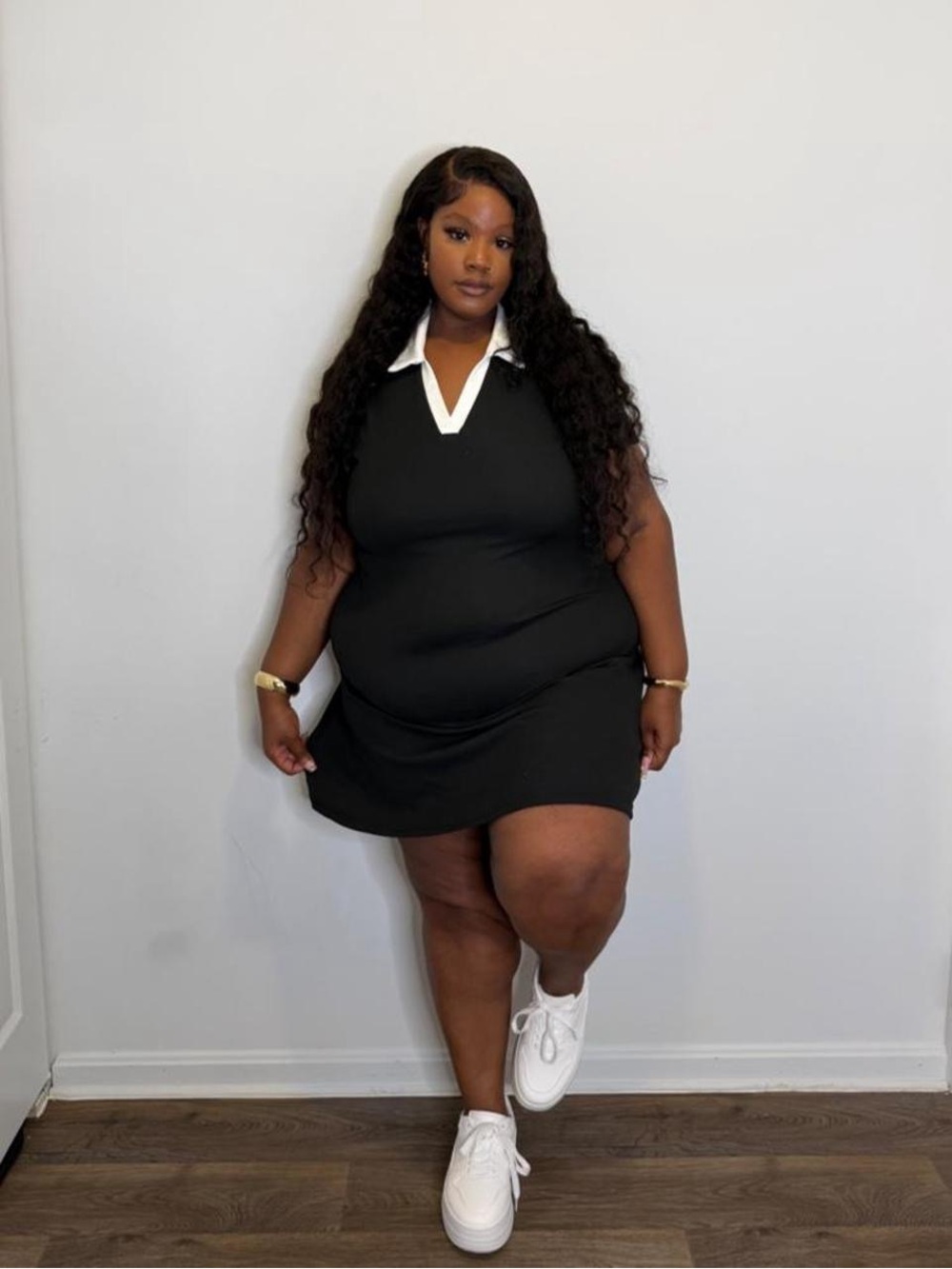 V-Neck Polo Collar Black Mini Dress with White Trim
